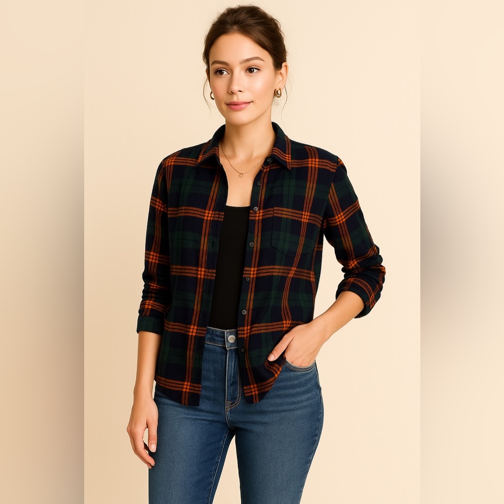 Old Navy Classic Shirt Emerald Bay Plaid‎ Button Down Top Rayon Large